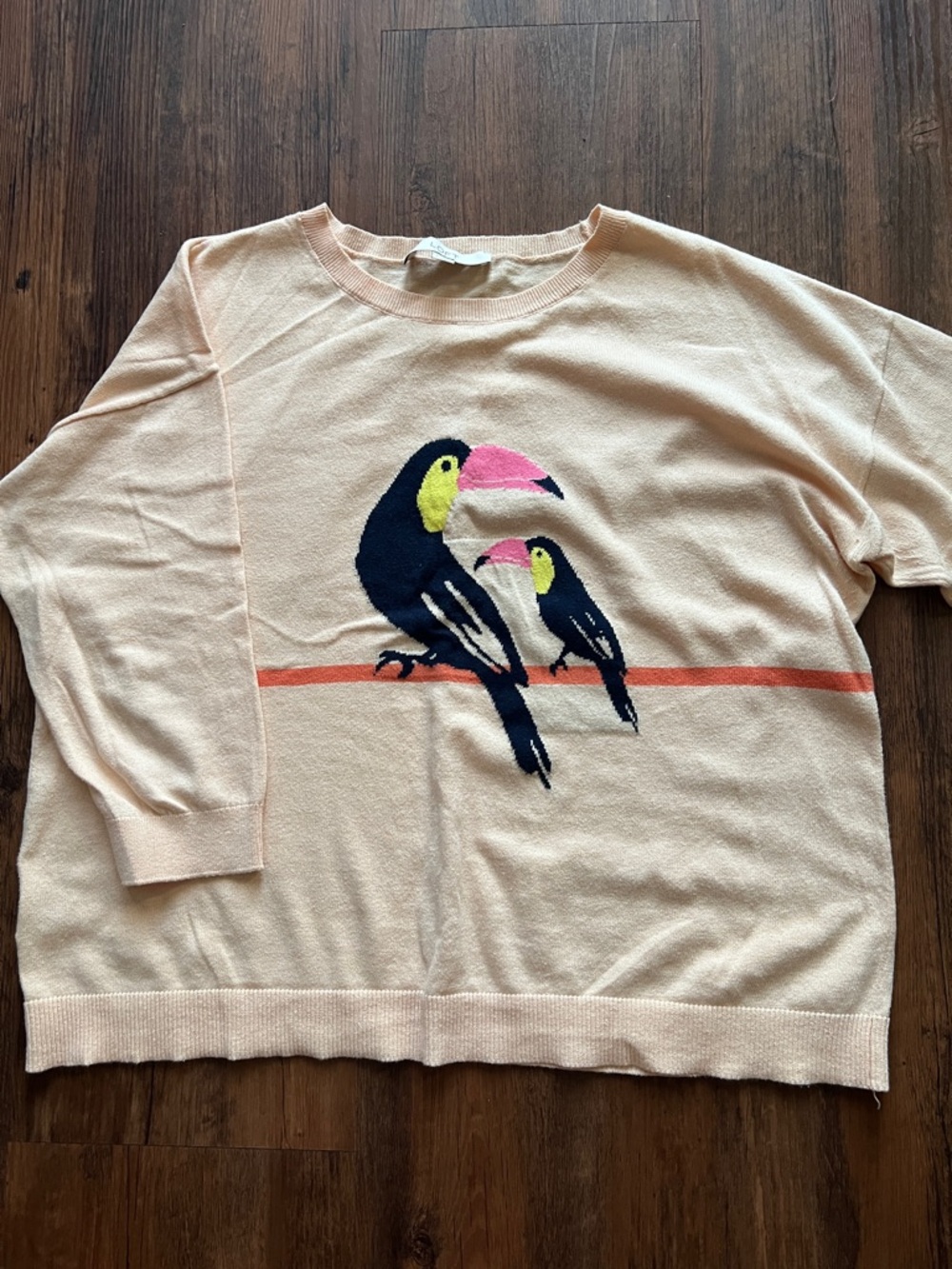 LOFT Women’s Peach Toucan Knit Sweater with Colorful Bird Motif
